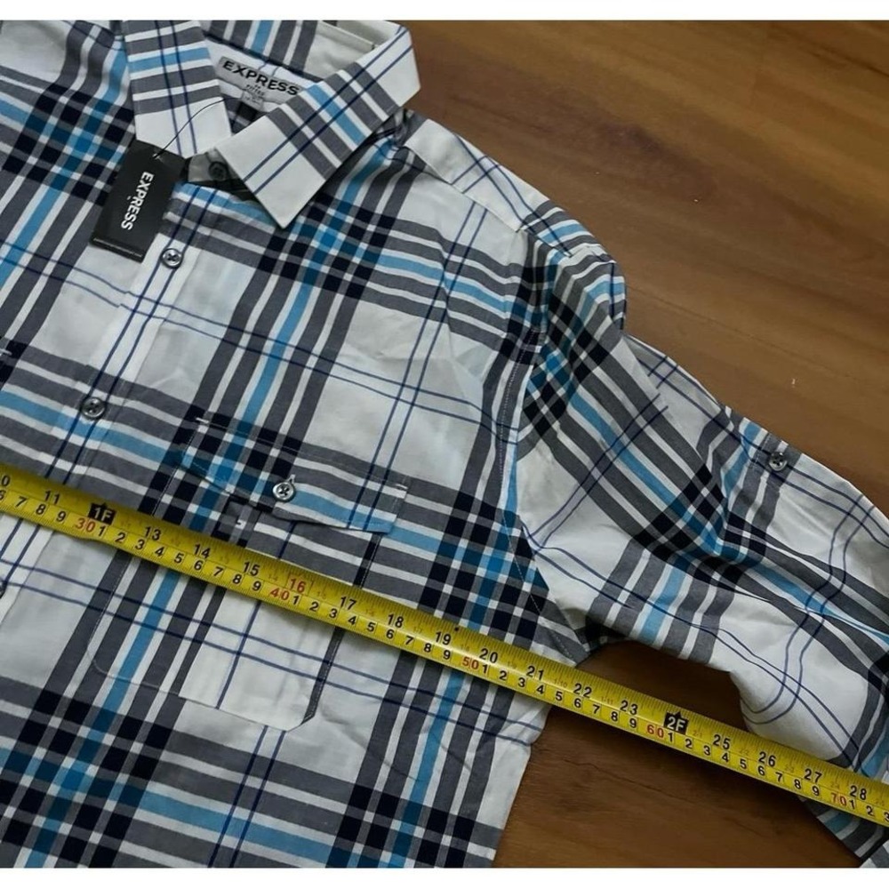 Mens NWT‎ Express Fitted Plaid Casual Button Down Striped Shirt - Picture 5 of 6